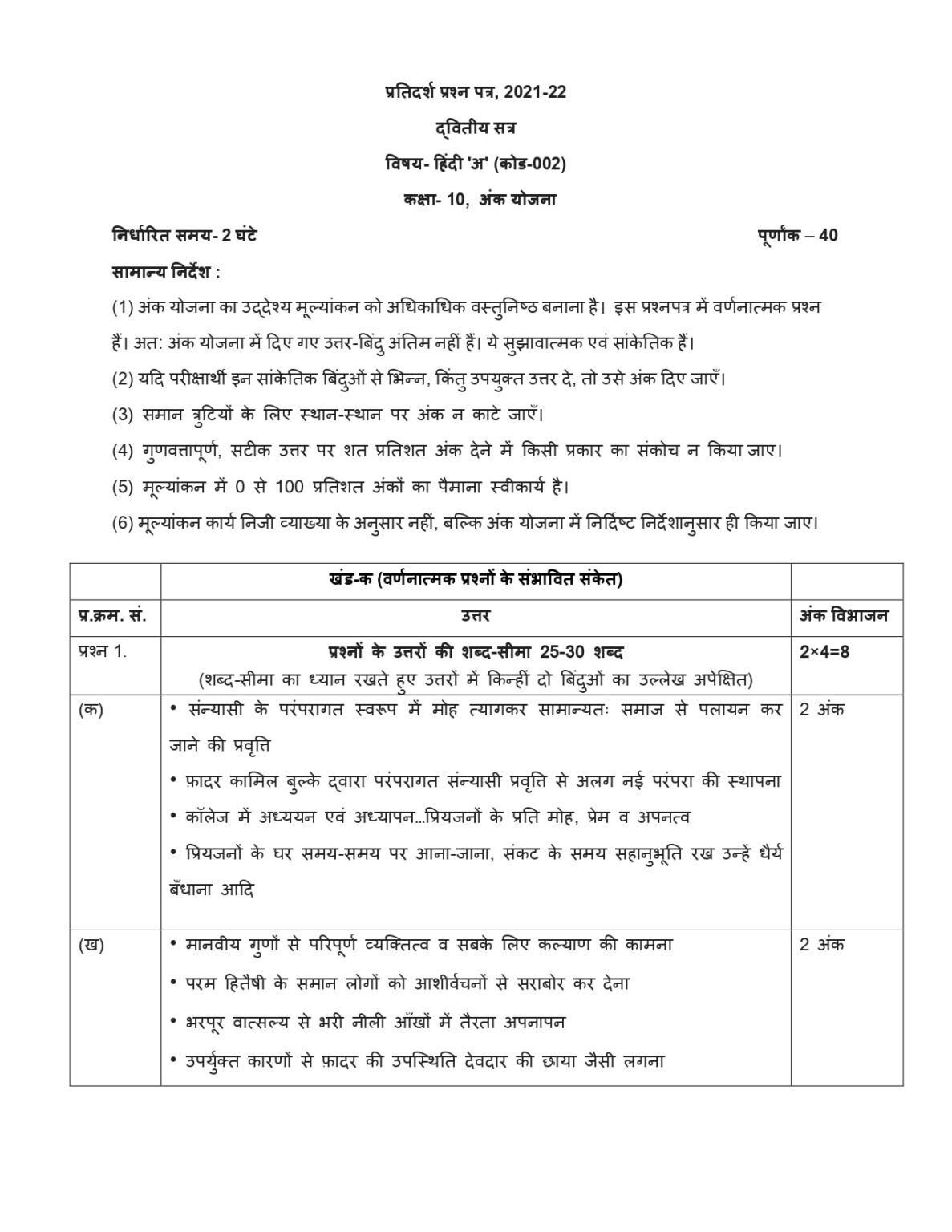CBSE Class 10 Hindi A Term 2 Sample Paper PDF with Answers. Readers Venue