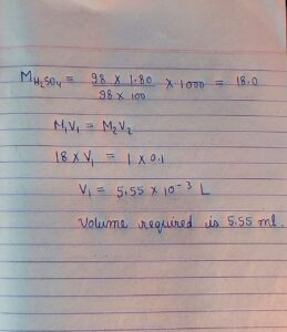 Solution for = What volume of 96%H2SO4 ​ solution (density 1.83g/mL ) is required to prepare 4 liters of 3.0M H2SO4 solution?