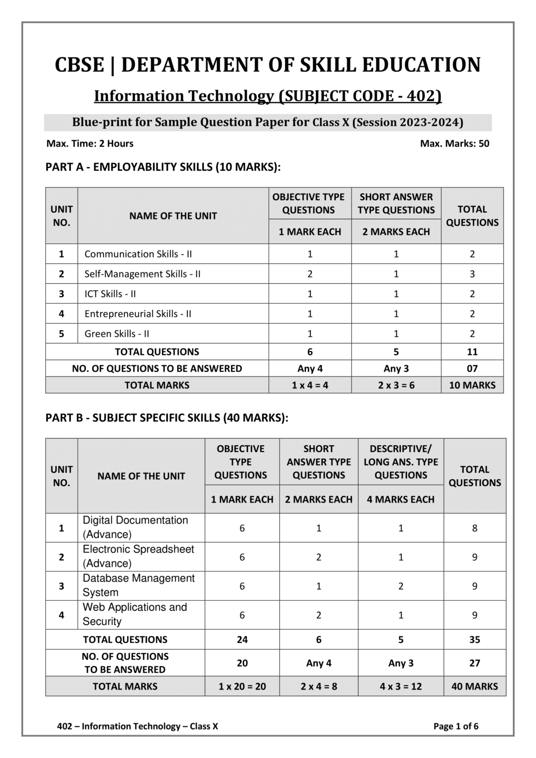 Class 10 IT Sample Paper 2023-24 Code 402 PDF | IT 402 Class 10 Sample ...