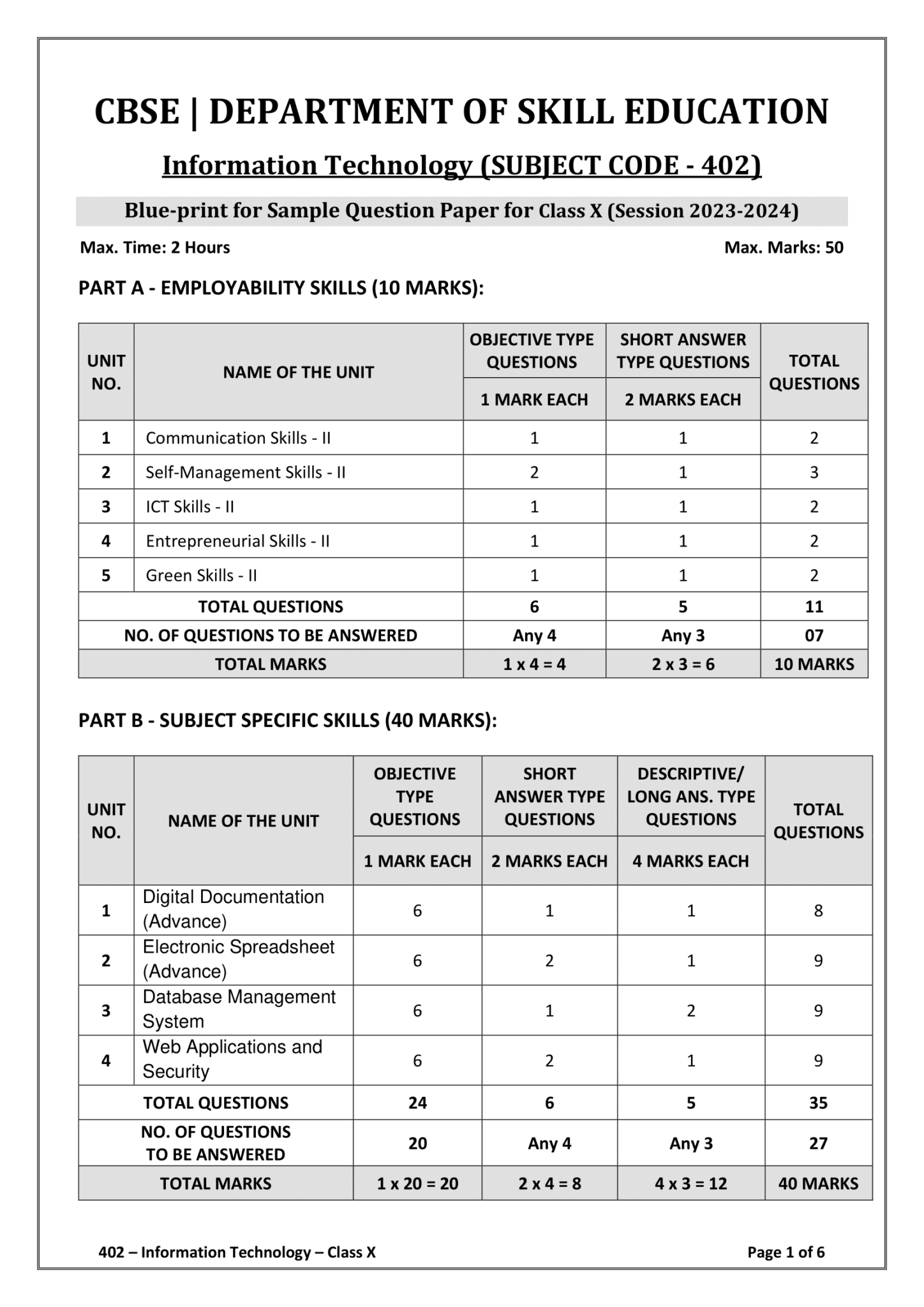 Class 10 IT Sample Paper 2023-24 code 402 PDF | IT 402 Class 10 Sample ...