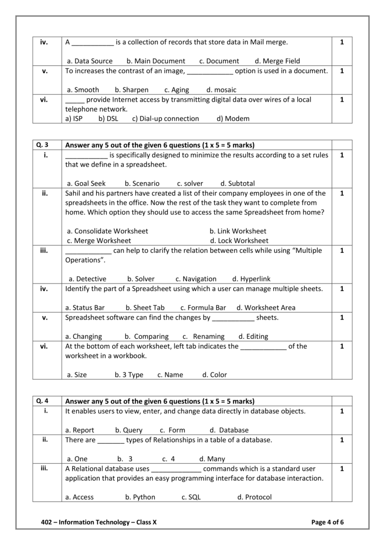 Class 10 IT Sample Paper 2023-24 Code 402 PDF | IT 402 Class 10 Sample ...